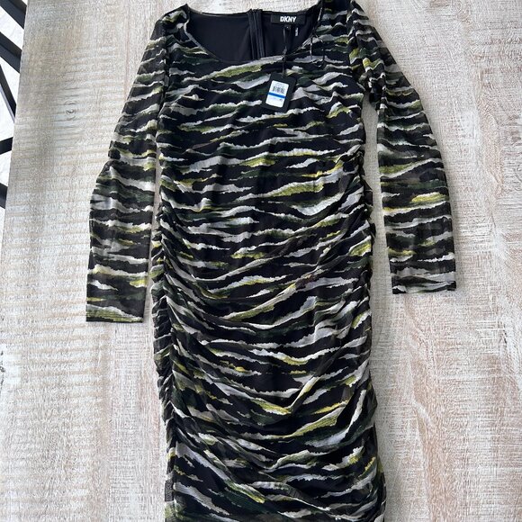 DKNY Bodycon Mesh Ruched Dress Green Black Size Extra Large NWT - Picture 4 of 11